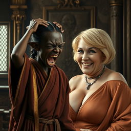 In a medieval room, a petite African black dwarven woman aged 28, with very dark skin and a malnourished appearance, is dressed in a long, closed noble Buddhist robe adorned with golden edges