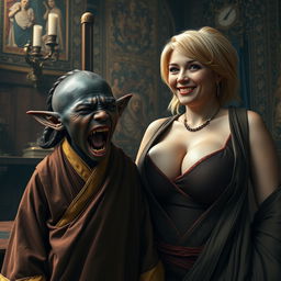 In a medieval room filled with intricate tapestries and dim lighting, there is a striking scene featuring a very short, malnourished, 30-year-old Black female dwarf with very dark skin