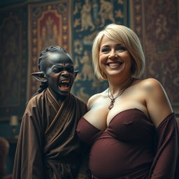 In a medieval room filled with intricate tapestries and dim lighting, there is a striking scene featuring a very short, malnourished, 30-year-old Black female dwarf with very dark skin