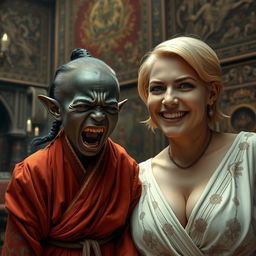 In a medieval room filled with intricate tapestries and dim lighting, there is a striking scene featuring a very short, malnourished, 30-year-old Black female dwarf with very dark skin