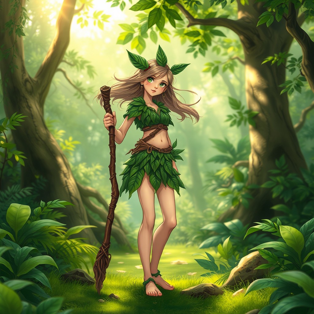 A slender girl standing confidently in a vibrant forest, dressed in intricately woven leaves that form a natural outfit, her hair flowing gently in the breeze