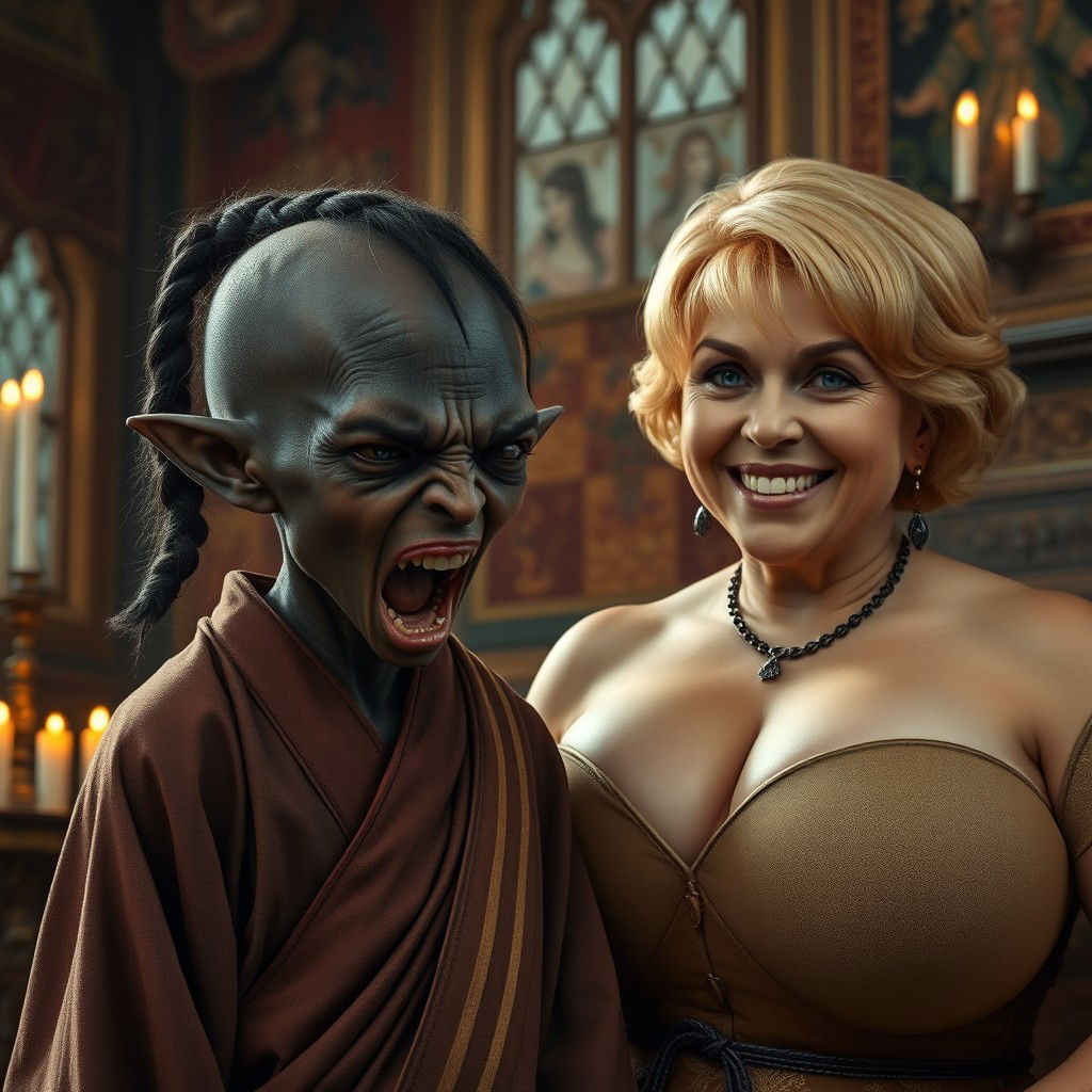 In a medieval room adorned with rich tapestries and flickering candlelight, there is a captivating scene featuring a very short, malnourished Black female dwarf, around 30 years old, with deep black skin