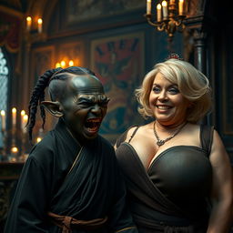 In a medieval room adorned with rich tapestries and flickering candlelight, there is a captivating scene featuring a very short, malnourished Black female dwarf, around 30 years old, with deep black skin