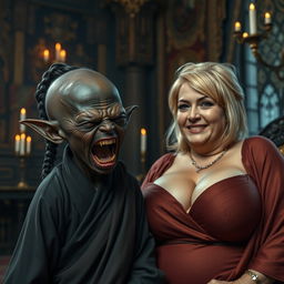 In a medieval room adorned with rich tapestries and flickering candlelight, there is a captivating scene featuring a very short, malnourished Black female dwarf, around 30 years old, with deep black skin