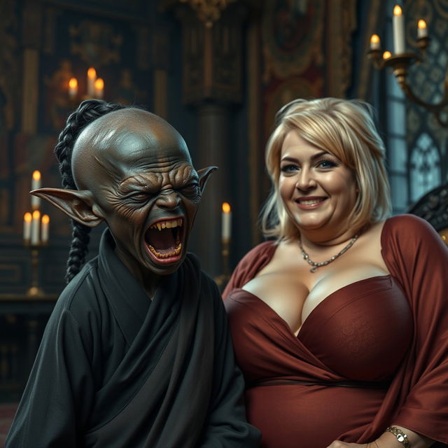 In a medieval room adorned with rich tapestries and flickering candlelight, there is a captivating scene featuring a very short, malnourished Black female dwarf, around 30 years old, with deep black skin