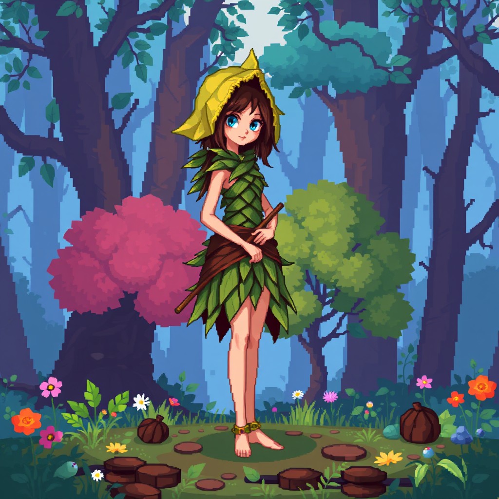 A pixel art style depiction of a slender girl in an idle pose, adorned in a costume made of woven leaves that blends seamlessly with the forest background