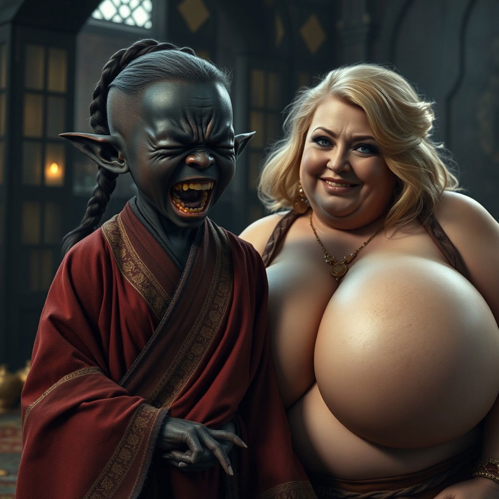 In a medieval room filled with rich textures and ambient light, there is an intriguing scene featuring a very short, malnourished 30-year-old Black female dwarf with deep black skin