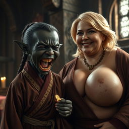 In a medieval room filled with rich textures and ambient light, there is an intriguing scene featuring a very short, malnourished 30-year-old Black female dwarf with deep black skin