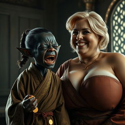 In a medieval room filled with rich textures and ambient light, there is an intriguing scene featuring a very short, malnourished 30-year-old Black female dwarf with deep black skin