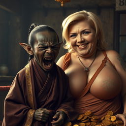 In a medieval room filled with rich textures and ambient light, there is an intriguing scene featuring a very short, malnourished 30-year-old Black female dwarf with deep black skin