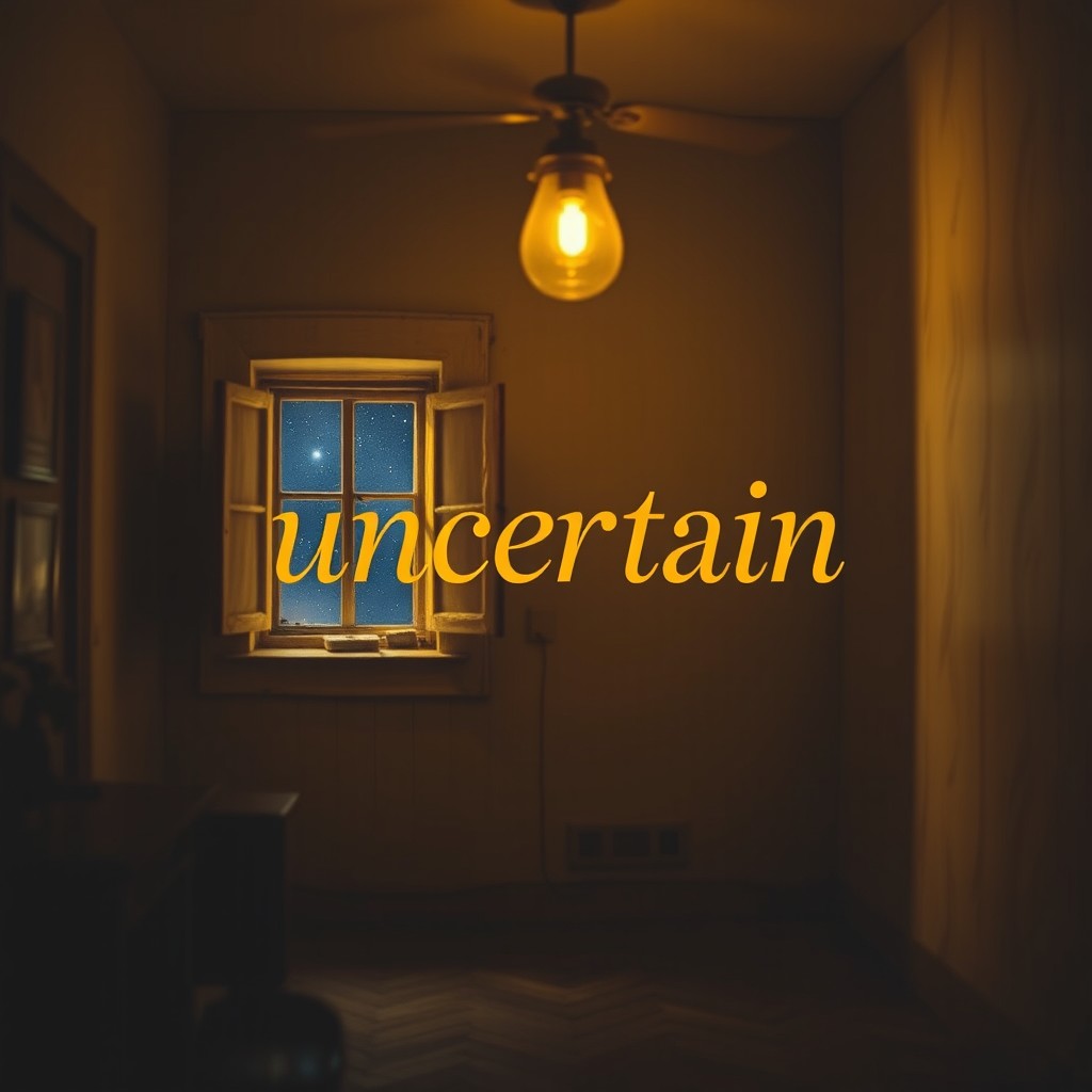 A small old room with romantic yellow lighting, featuring a small old window that offers a view of a starry night sky
