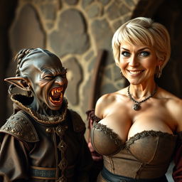 In a medieval room, an extremely short and undernourished 30-year-old African dwarf woman with very dark skin is dressed in an elaborate noble medieval outfit