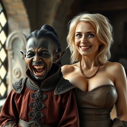 In a medieval room, an extremely short and undernourished 30-year-old African dwarf woman with very dark skin is dressed in an elaborate noble medieval outfit