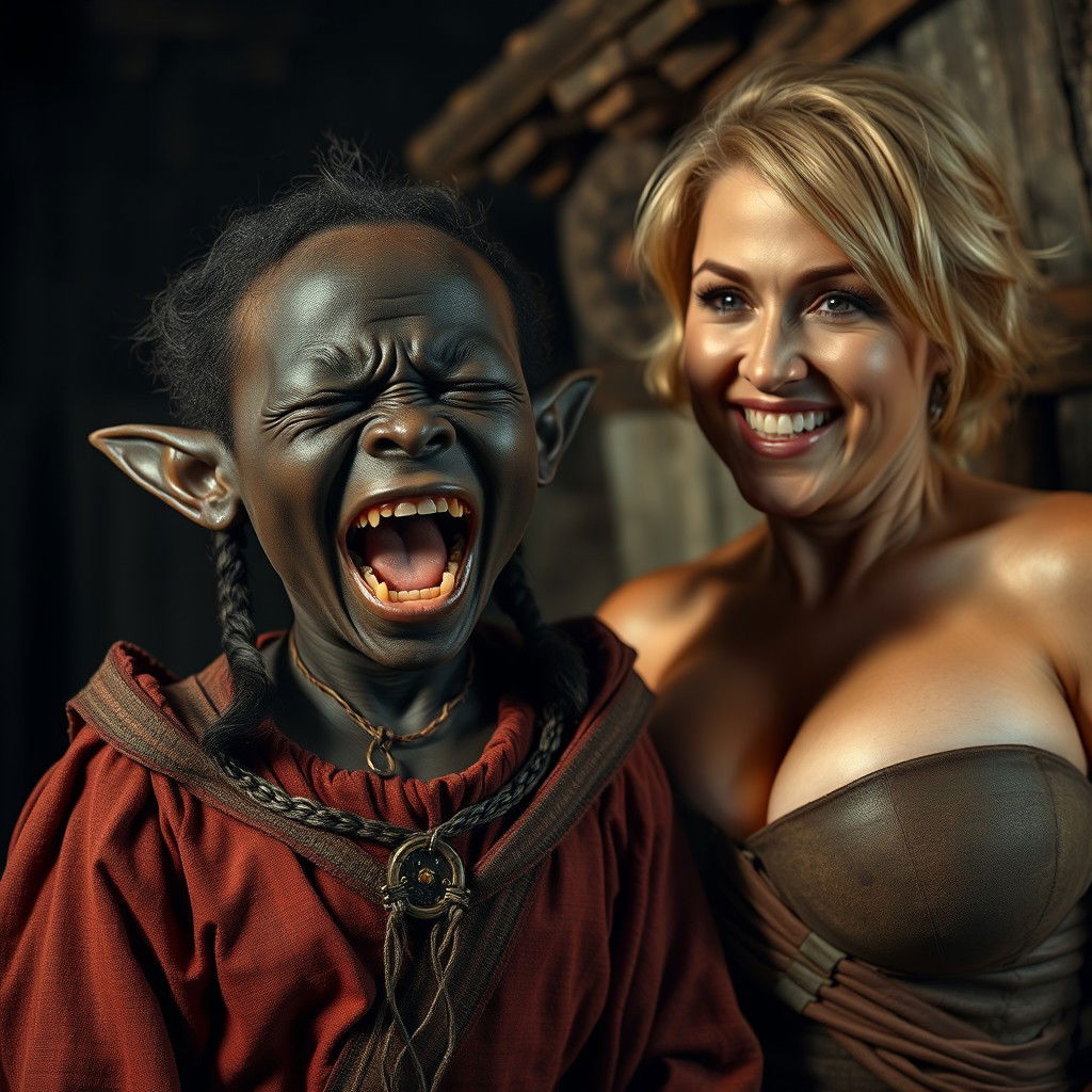 In a poor medieval village at night, a short, malnourished black African female dwarf, 30 years old, with very dark skin, wearing an exquisite noble medieval outfit