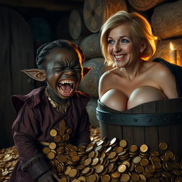 Next to a barrel overflowing with gold coins in a poor medieval village at night, a short, malnourished black African female dwarf, 30 years old, with very dark skin, is wearing an exquisite noble medieval outfit