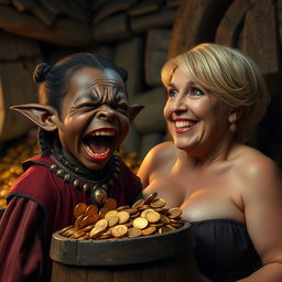 Next to a barrel overflowing with gold coins in a poor medieval village at night, a short, malnourished black African female dwarf, 30 years old, with very dark skin, is wearing an exquisite noble medieval outfit