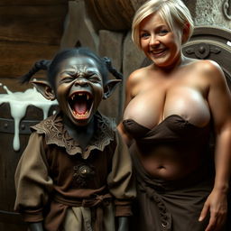 Next to a barrel full of milk in a medieval room, a short, malnourished black African female dwarf, 30 years old, with very dark skin, is dressed in an exquisite noble medieval outfit