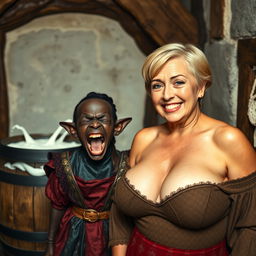 In a medieval room beside a barrel filled with milk, a striking scene features a very short, malnourished African black female dwarf, 30 years old, with deeply dark skin