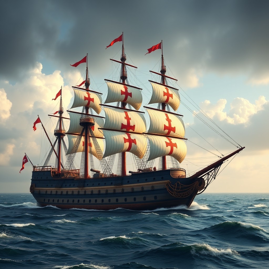 A grand and imposing ship of the Order of Christ, a legendary Portuguese vessel known as 'Cruz de Cristo'