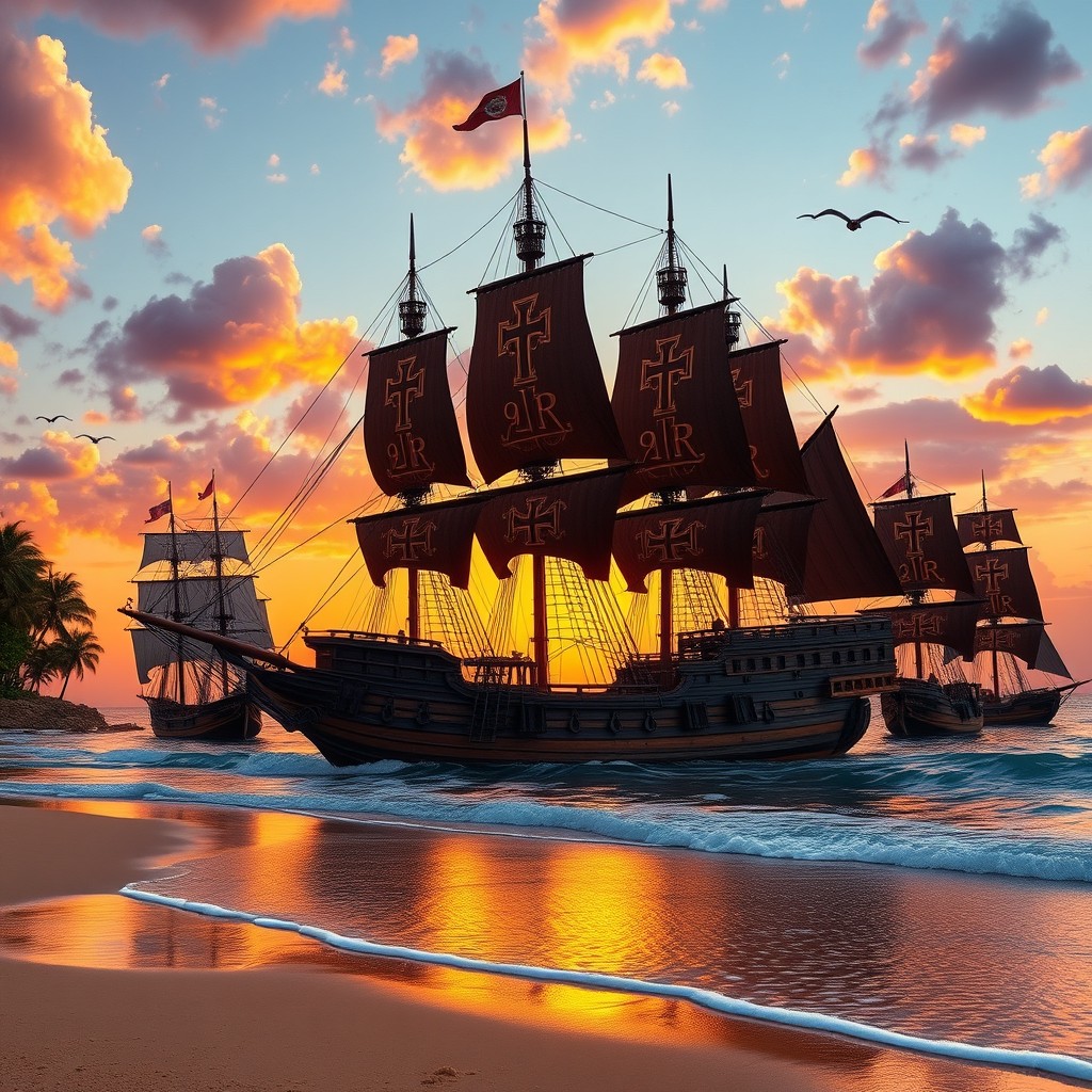 A majestic wooden Portuguese galleon featuring sails adorned with the crosses of the Jesuit and Order of Christ from the 18th century