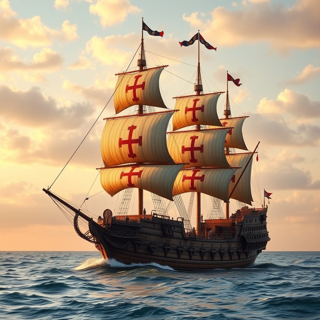 A majestic 18th-century wooden galleon adorned with the sails of the Order of Christ from Portugal