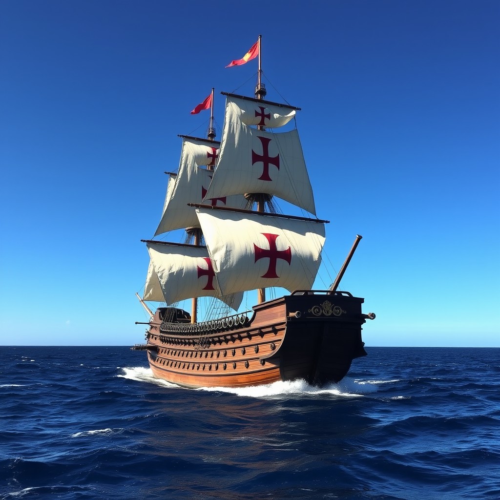A majestic 18th-century wooden galleon representing the legendary Maestro of the Order of Christ, Bartolomeu Rodriguez, sailing into the open sea