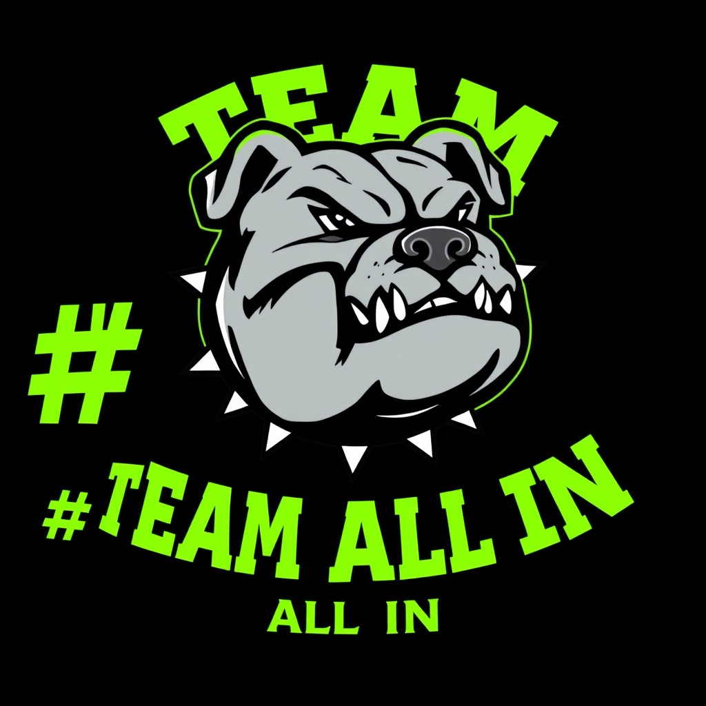 A vibrant t-shirt design featuring the hashtag #TEAM ALL IN in eye-catching highlighter green letters