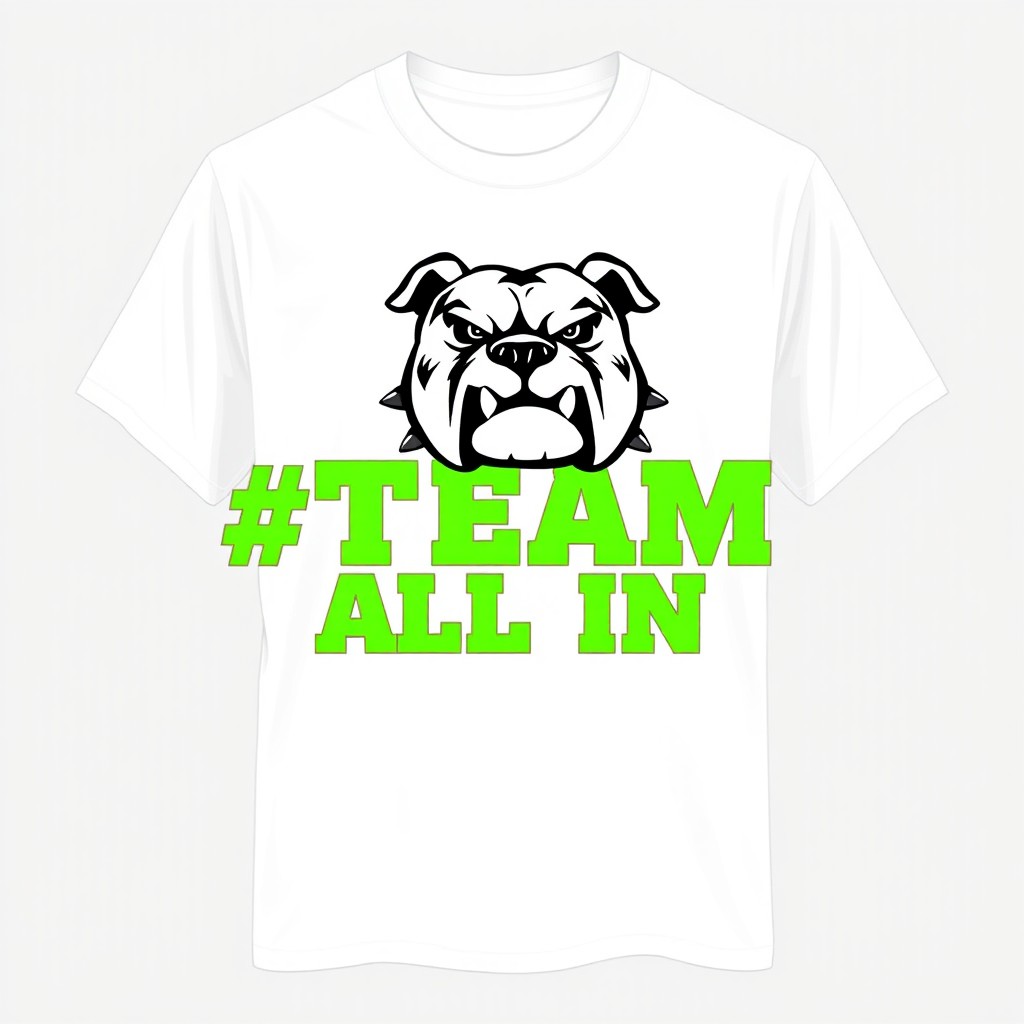 A white t-shirt design featuring the text '#TEAM ALL IN' in vibrant fluorescent green, prominently displayed across the chest