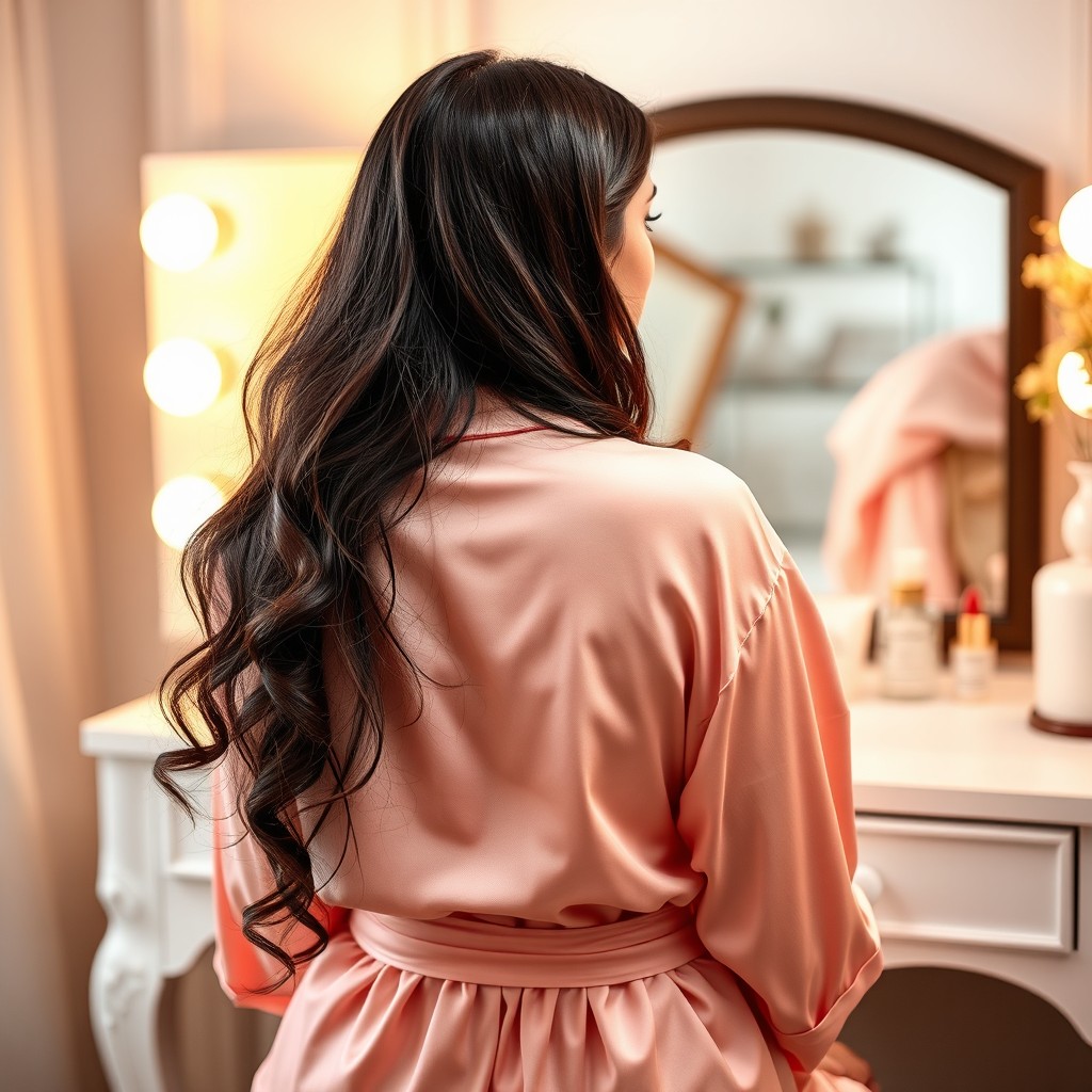 An elegant Indian woman with long, flowing hair, sitting at a chic vanity desk, viewed from the back
