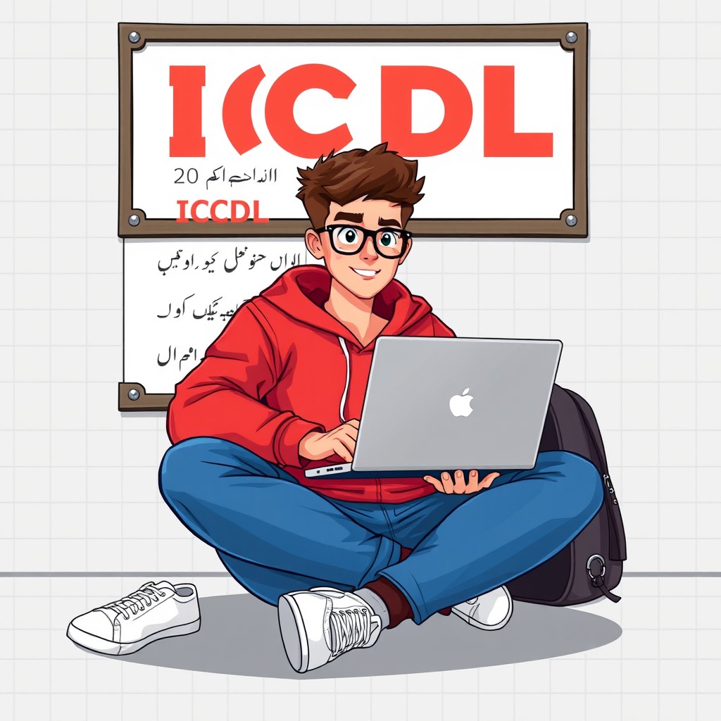 A digital illustration depicting a young man sitting cross-legged with a laptop, wearing a red hoodie and blue jeans, sporting glasses and a casual expression