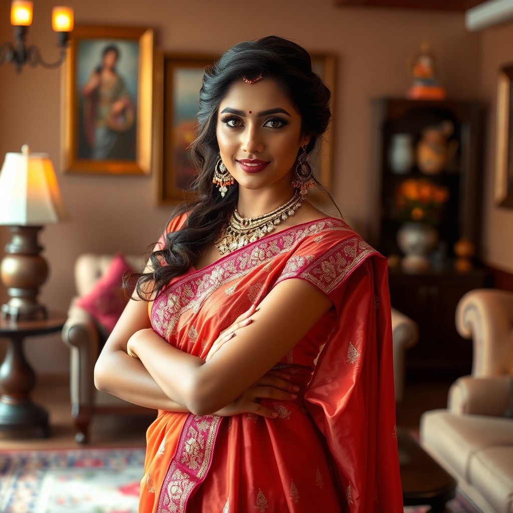 A stunning Indian woman, dressed in an elegant traditional saree, with intricate embroidery and embellishments, posing confidently