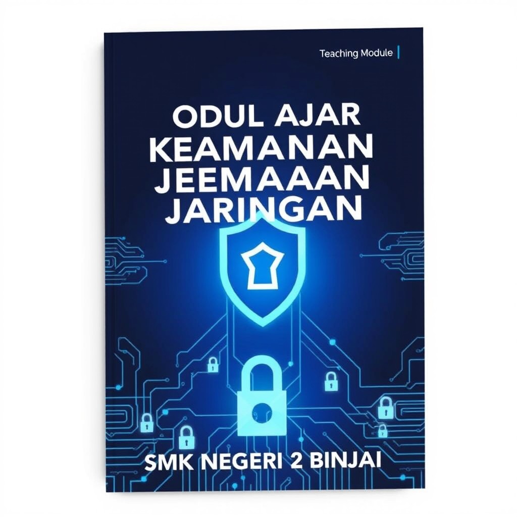A visually appealing cover design for a teaching module about 'Network Security' aimed at SMK NEGERI 2 BINJAI
