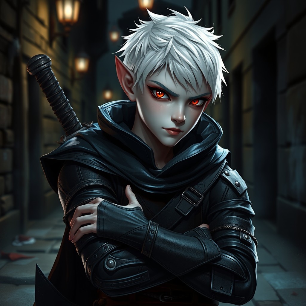 A striking half-elf rogue character with white skin, showcasing short, white hair and vibrant red eyes