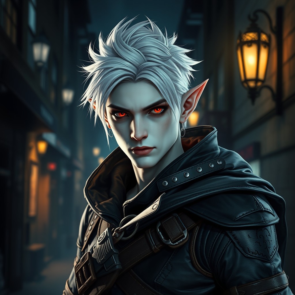 An intriguing half-elf rogue character with striking white skin, featuring short, stylish white hair and captivating red eyes