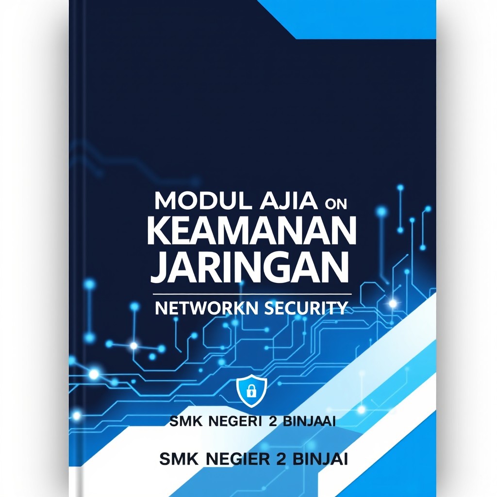 A modern and professional cover design for a textbook titled 'MODUL AJAR on KEAMANAN JARINGAN' (Network Security) for SMK NEGERI 2 BINJAI