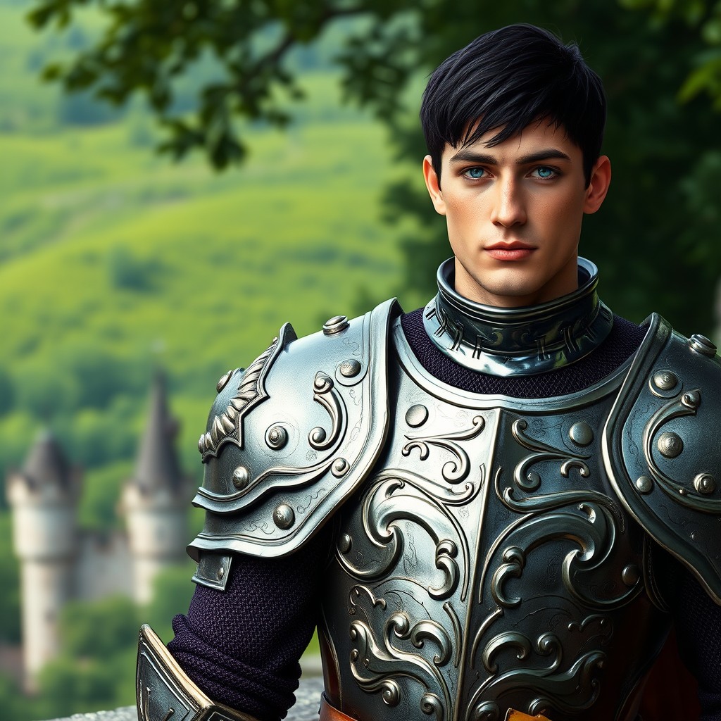 A tall man wearing knight's armor, resembling a medieval warrior, with short black hair and bright blue eyes