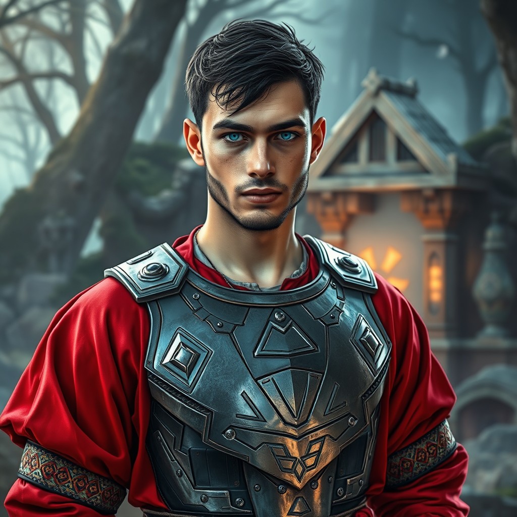 A young man dressed in a vibrant red kaftan, adorned with a metallic cyberpunk chest plate that contrasts with the traditional attire