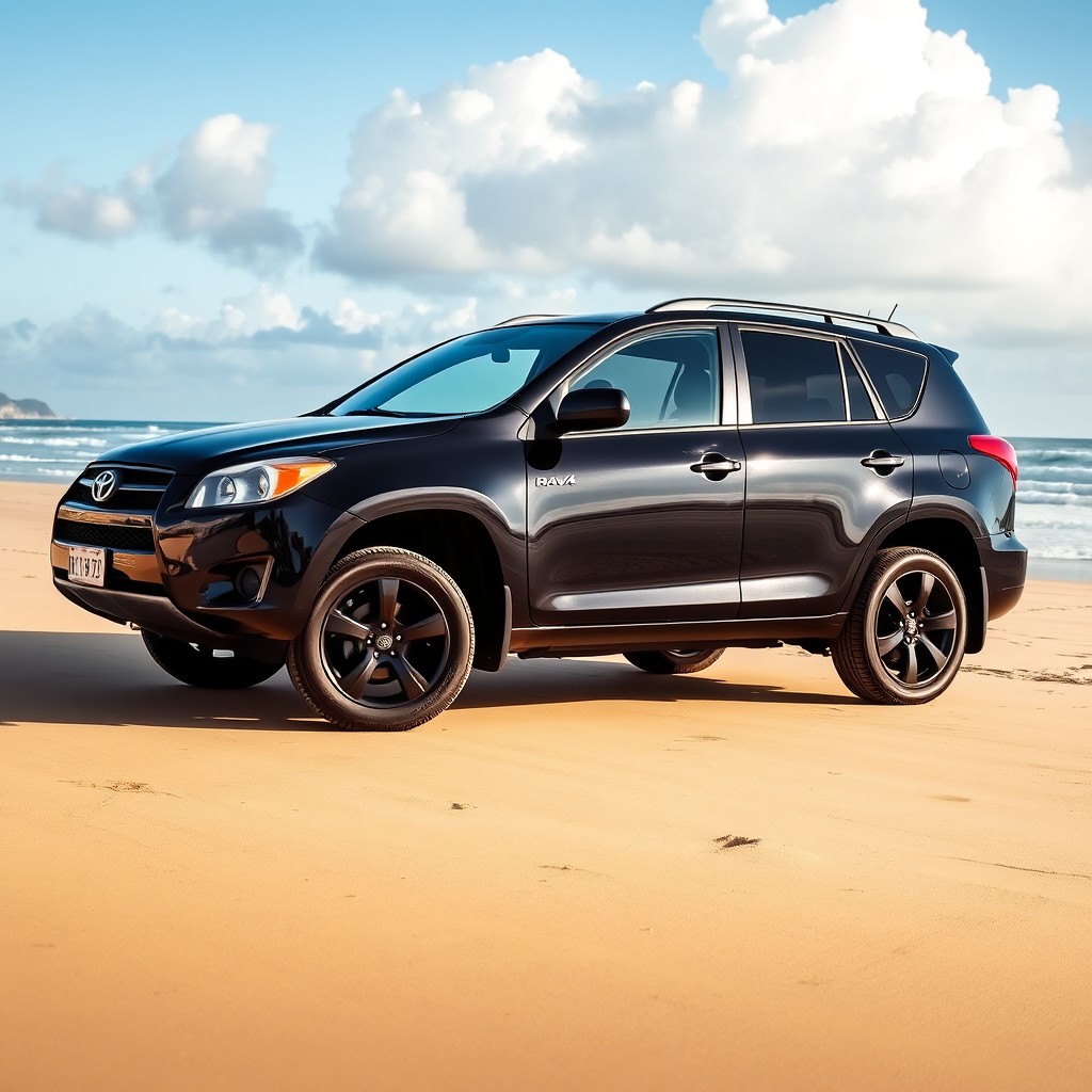 A stunning black 2008 Toyota RAV4 Black Edition parked near a beautiful beach