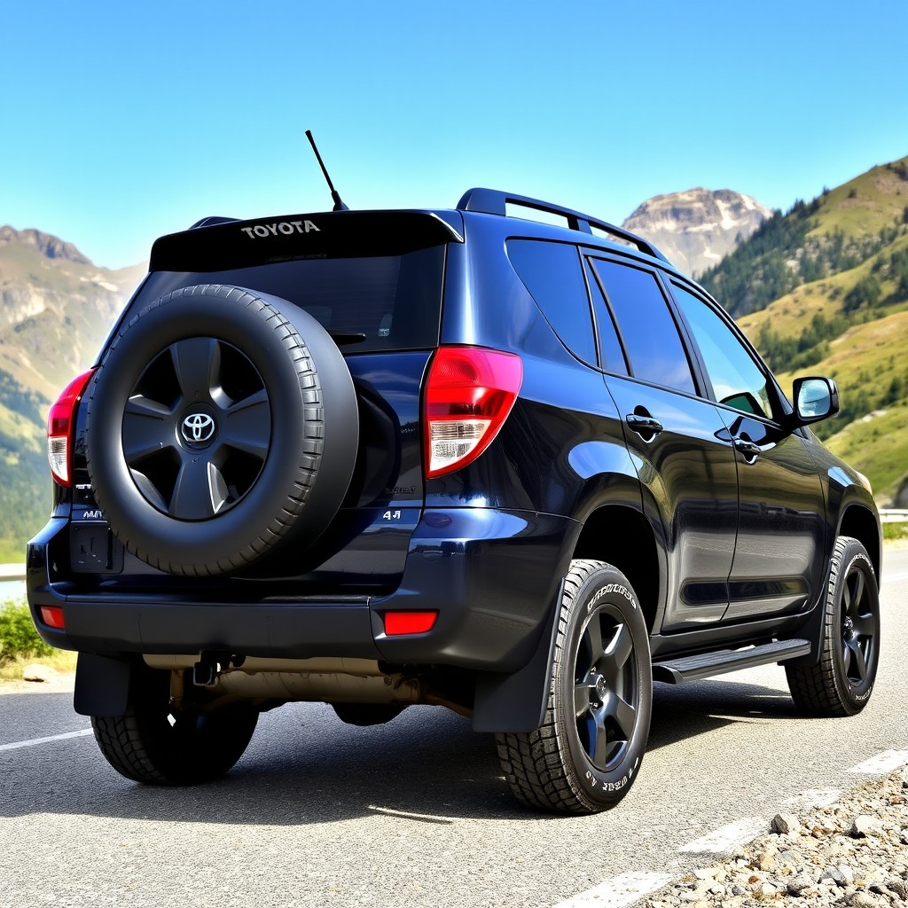 A dark blue 2008 Toyota RAV4 with a rear-mounted spare tire, featuring black wheels, a black grille, and a black Toyota logo