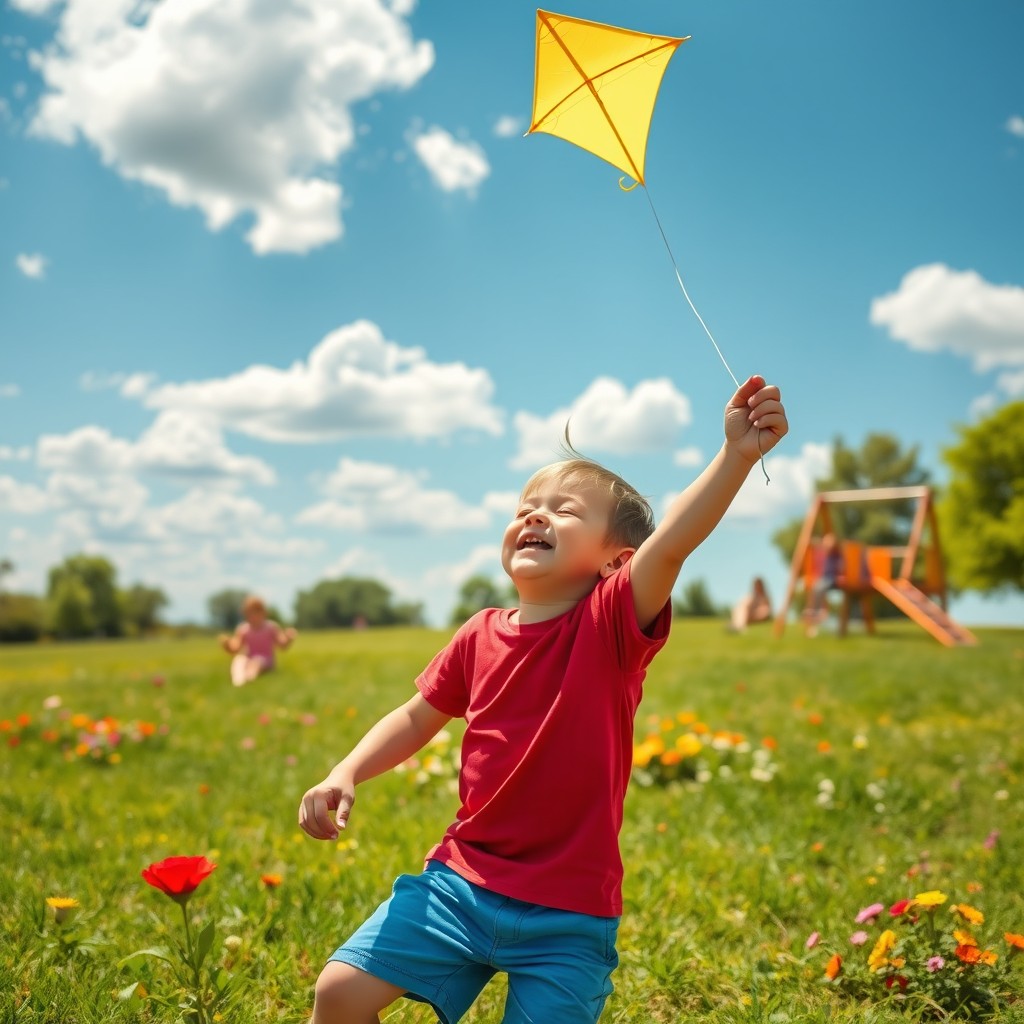 A young kid joyfully playing in a sunny park, surrounded by vibrant green grass and colorful flowers