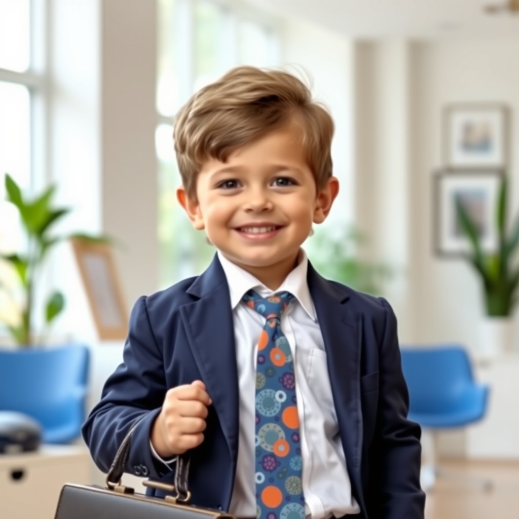 A young child dressed in a professional outfit, embodying confidence and charm