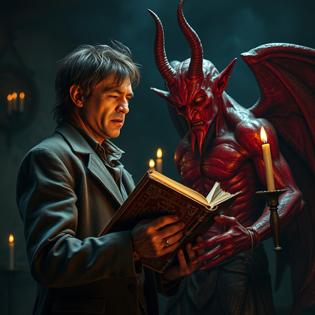 A dramatic scene of a man, with a look of desperation on his face, making a deal with the devil