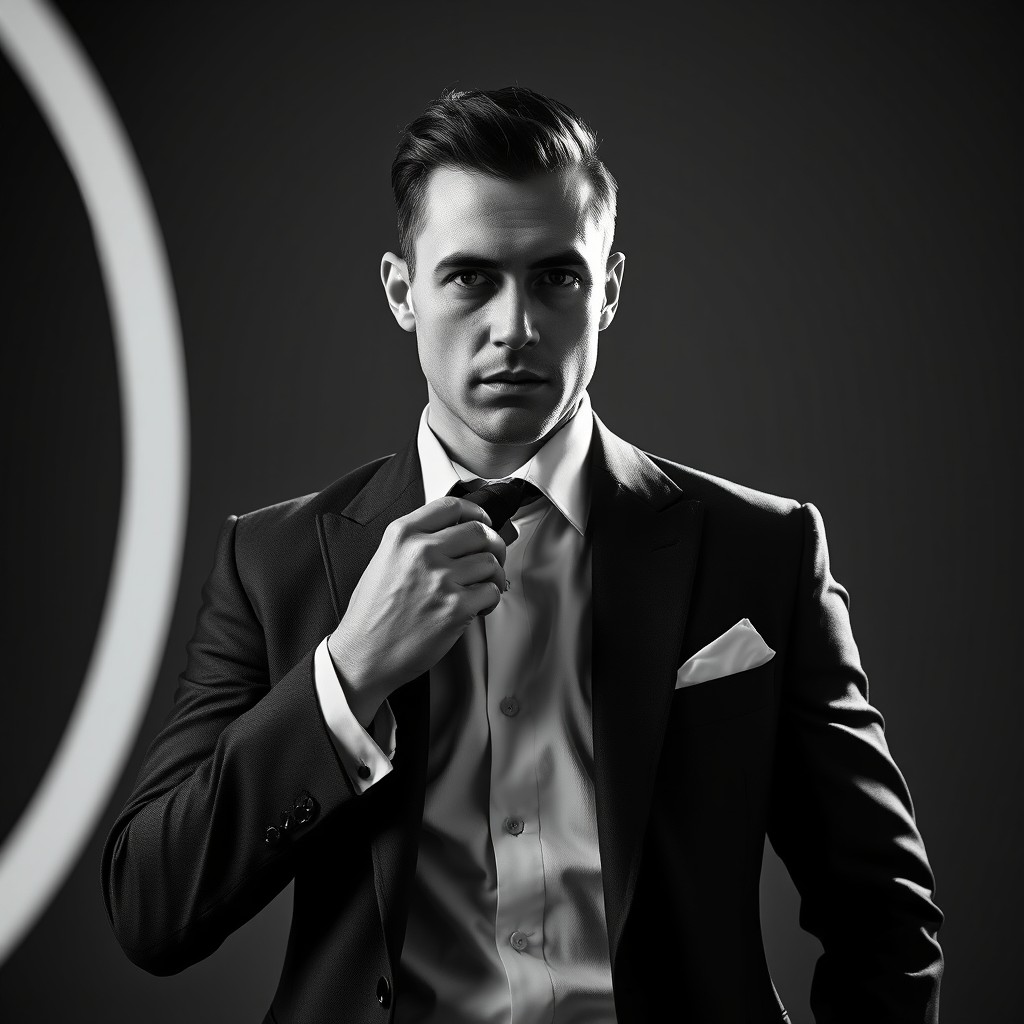 A cinematic black and white portrait of a stylish individual adjusting their tie while wearing a classic, tailored suit