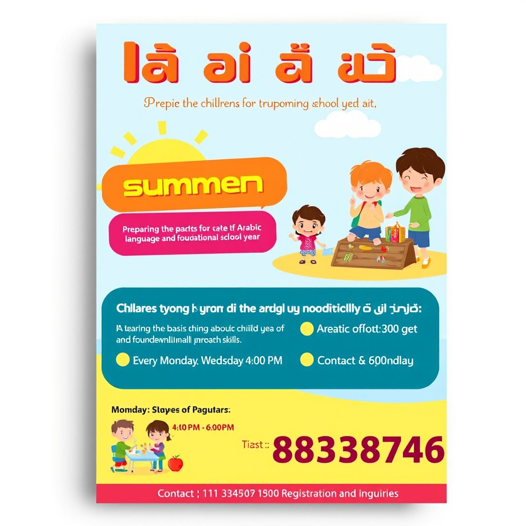 An educational flyer for a summer program titled 'صيفك سعادة و إفادة' featuring engaging visuals appealing to children and parents