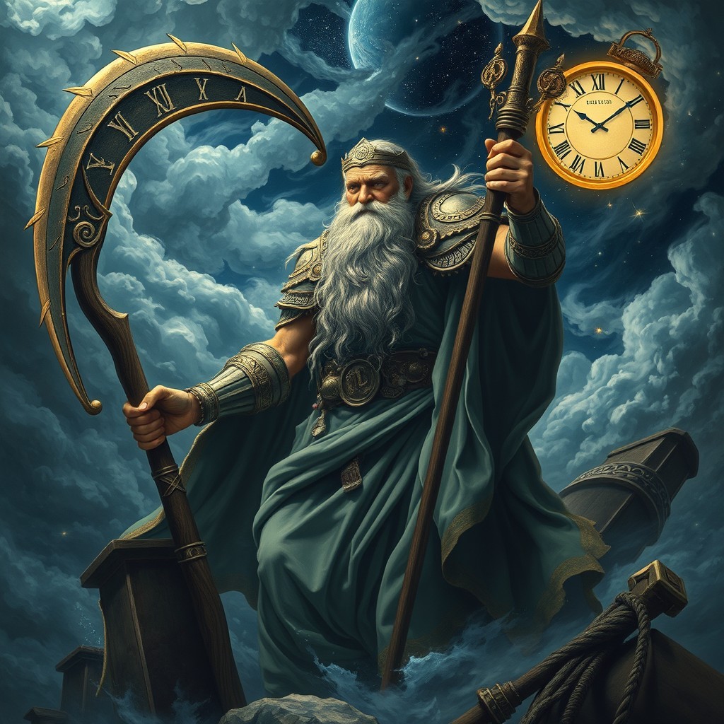 A mythical scene depicting Cronos, the Greek god of time, depicted as an imposing, bearded figure adorned with ancient armor and a flowing robe