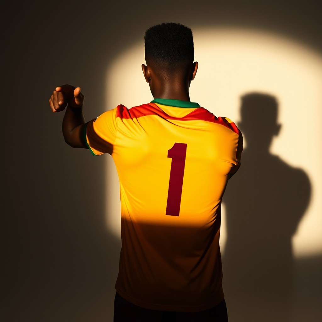 A rear view silhouette portrait of a young black Brazilian soccer player named Trojan Man, wearing the number 1 on his jersey