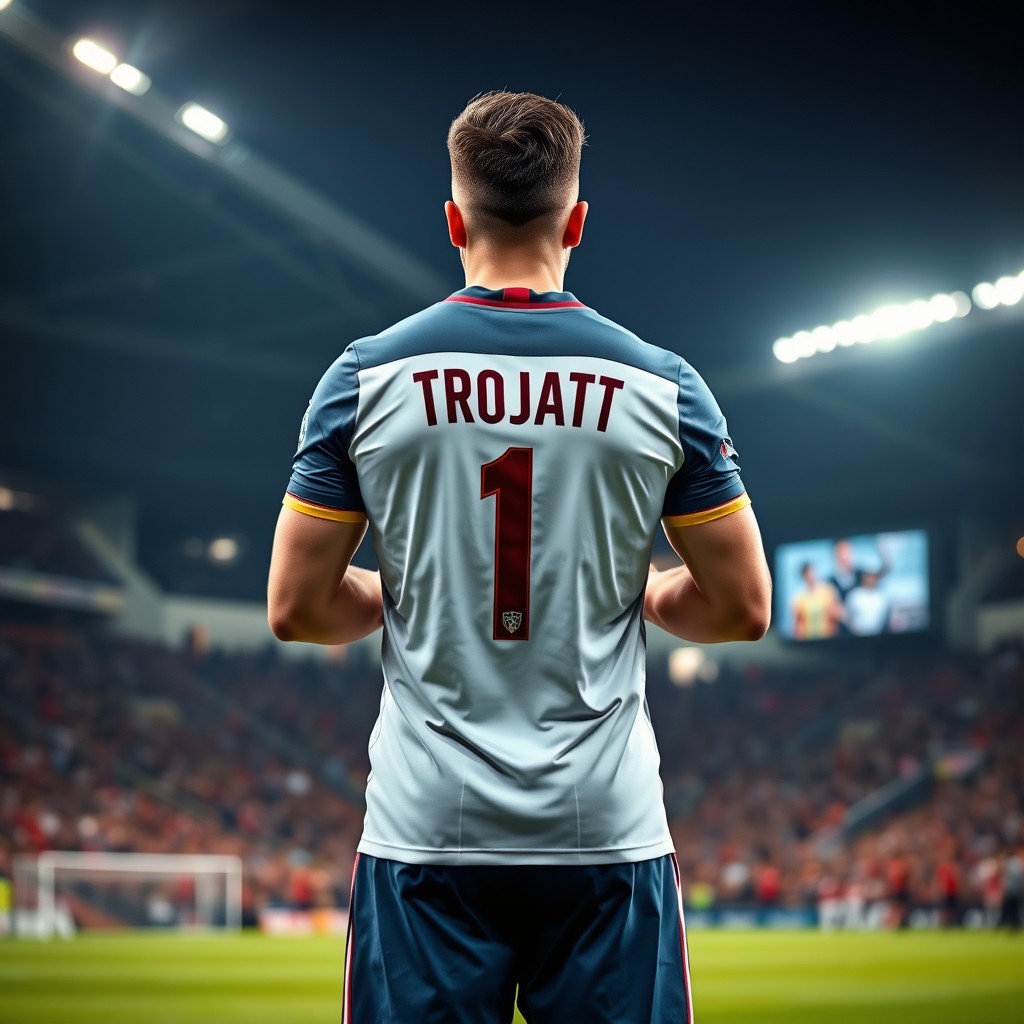 A footballer standing confidently with his back towards the audience, showcasing a striking view of his jersey which features a bold 'Trojan' logo and the number '1' prominently displayed