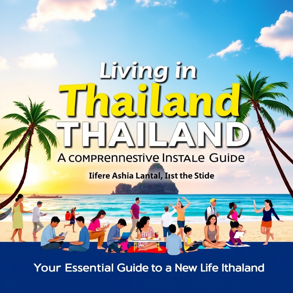 A vibrant and inviting cover for a guide titled 'Living in Thailand: A Comprehensive Installation Guide'