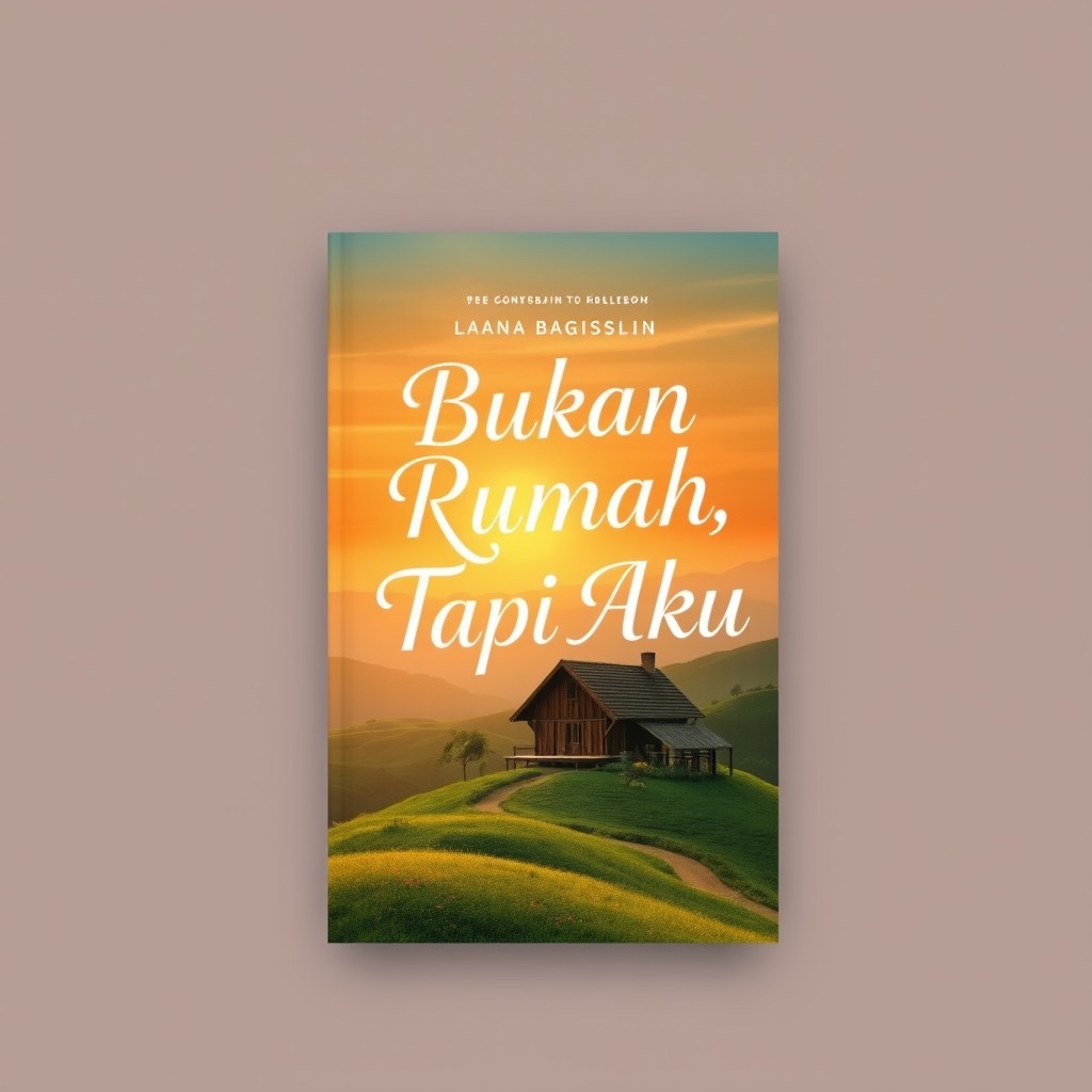 A captivating book cover design for 'Bukan Rumah, Tapi Aku' featuring a serene landscape with a cozy, rustic house surrounded by lush greenery and gentle hills