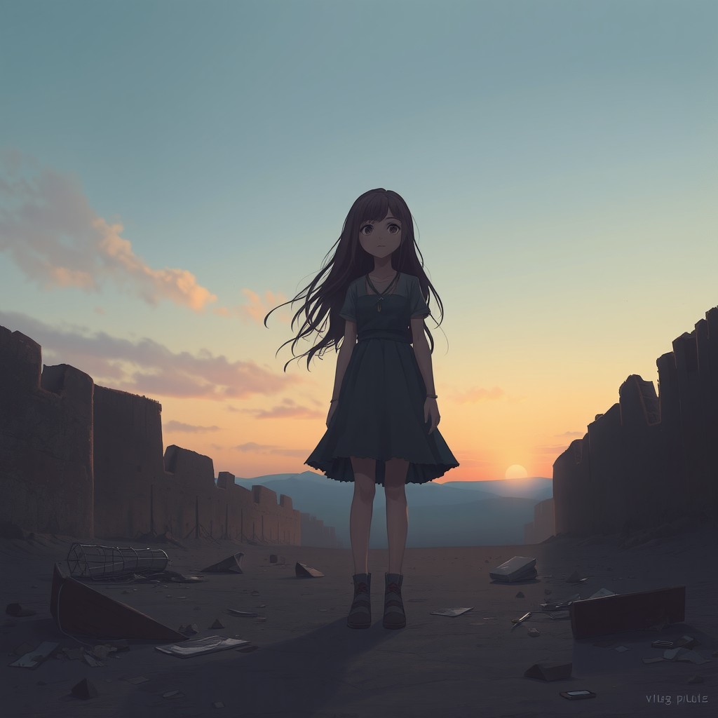 A poignant scene depicting a girl standing in a desolate yet beautiful landscape, symbolizing her journey of growth in a space that is not truly hers